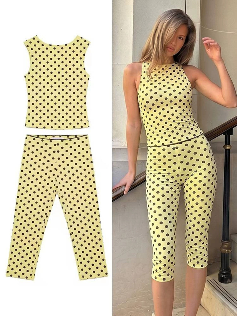Casual Summer Polka Dot Sleeveless Top Capri Pants Set Cute